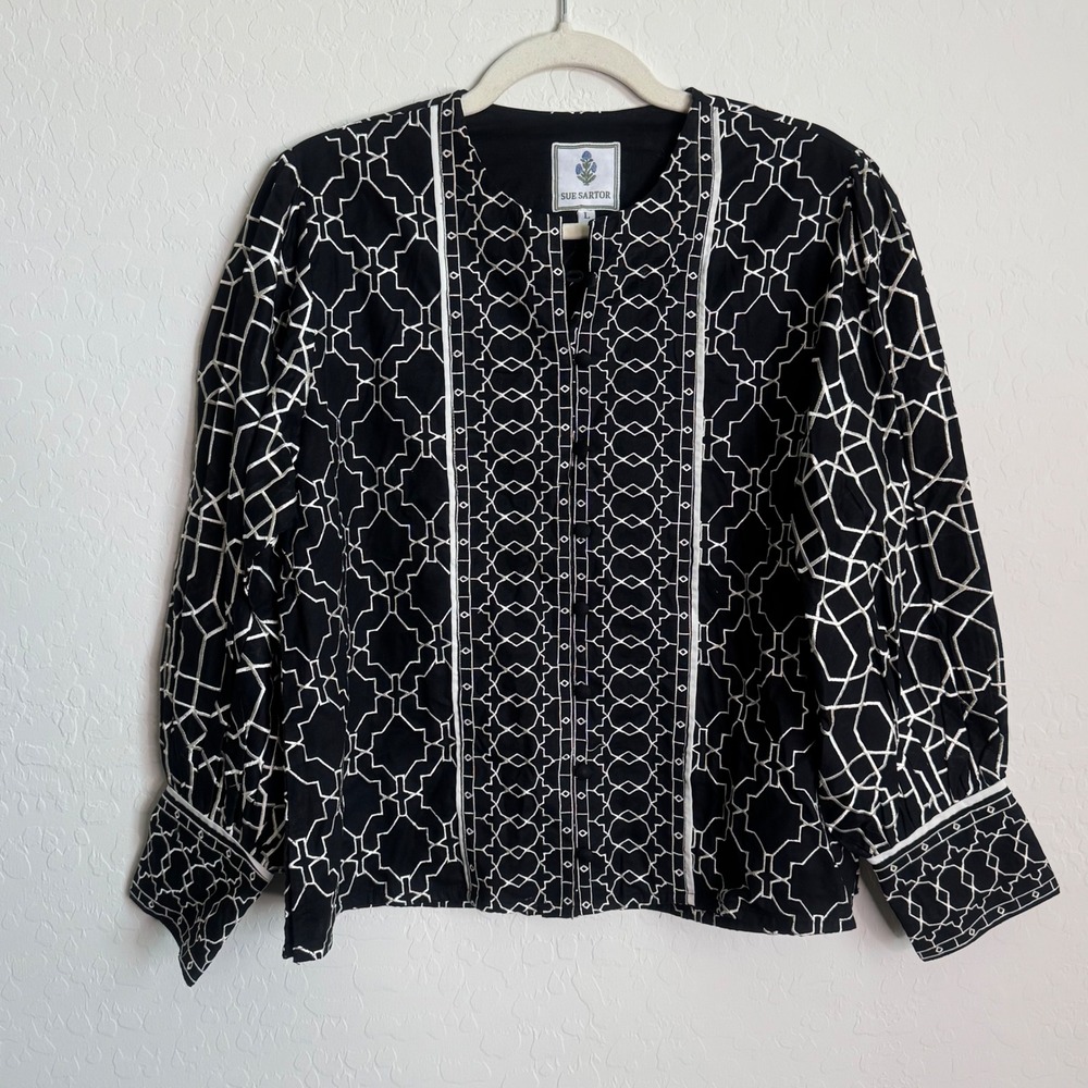 Sue Sartor Womens Black White Geometric Embroidered Cotton Jacket Top Size L